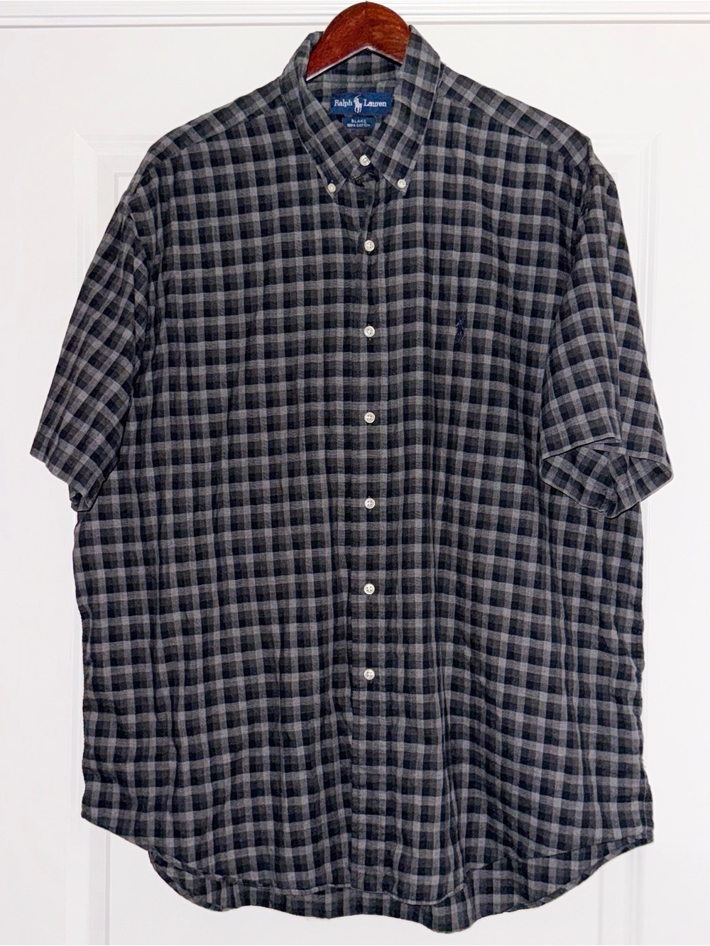 Ralph Lauren Blake Mens XL Charcoal Gray Classic Plaid Cotton Shirt Short Sleeve